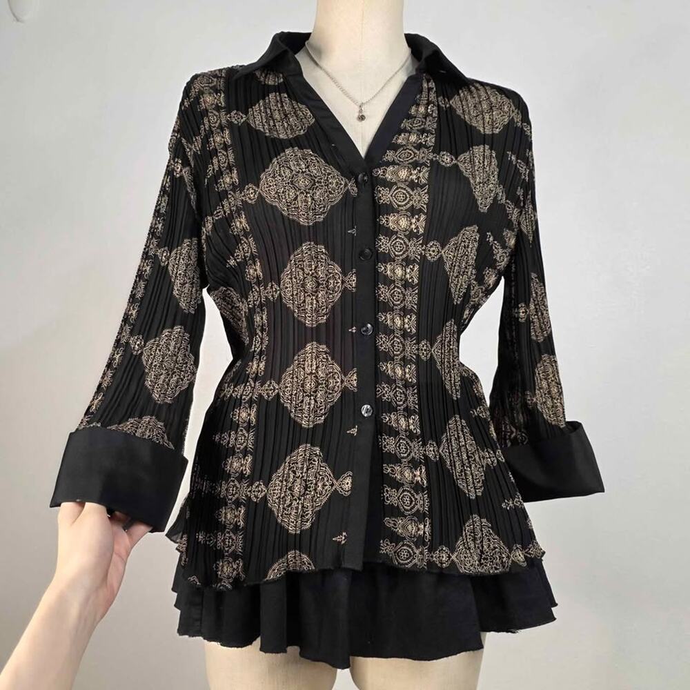 Y2K Pleated Blouse Semi Sheer Whimsigoth 3/4 Sleeves Size Large